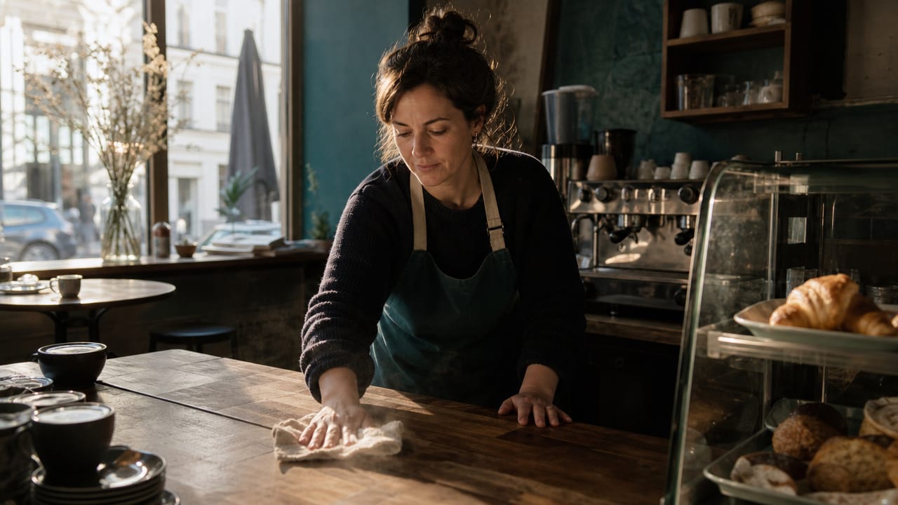 Inhaber eines kleinen Cafés wischt am frühen Morgen den Holztresen, Sonnenlicht fällt durchs Schaufenster