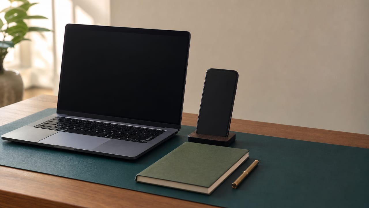 Aufgeräumter Schreibtisch mit Laptop und Smartphone mit dunklen Bildschirmen, Notizbuch und Messingstift